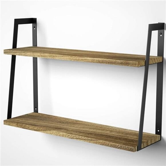 Floating Wall Shelves, 2-Tier Rustic Wood Shelves for Bedoom, Bathroom, Living - Picture 1 of 5